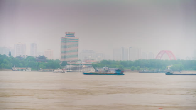 Tageszeit-Wuhan-Yangtze-Fluss-Verkehr-Bucht-Panorama-4-k-Zeit-hinfällig,-china