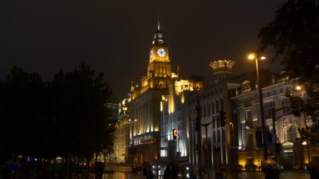 Nacht-erleuchtet-shanghai-China-berühmten-Zollhaus-Panorama-4k