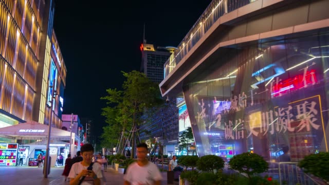 night-illuminated-shenzhen-city-famous-shopping-block-crowded-panorama-4k-time-lapse-china