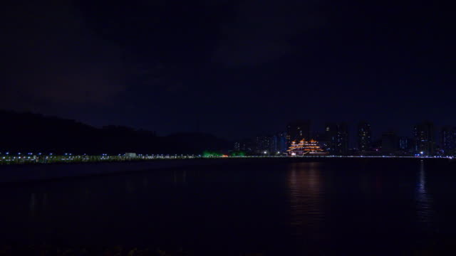 Nacht-erleuchtet-Zhuhai-Stadt-berühmten-Restaurant-komplexe-Panorama-4k-china
