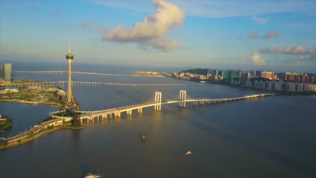 Sonnenuntergangszeit-Zhuhai-Stadt-Macau-berühmten-Tower-Bridge-Panorama-4k-china