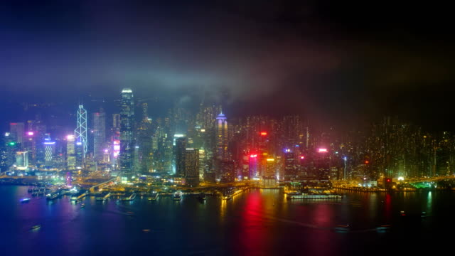 Antena-timelapse-del-luminoso-horizonte-de-Hong-Kong.-Hong-Kong,-China