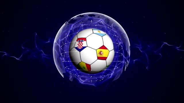 Balón-de-fútbol-y-mundial-bandera-en-fondo-de-anillo,-animación,-partículas-abstractas-azules,-lazo