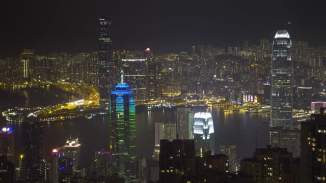 Hong-Kong-in-der-Nacht-vom-Victoria-Peak,-timelapse