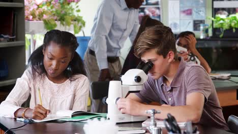 Estudiantes-mirando-a-través-de-microscopio-y-escribir-notas-en-clase-de-Biología
