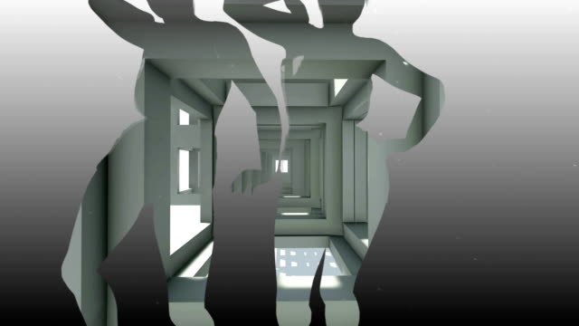 Mischtechnik-von-zwei-3D-Animation-von-abstrakten-Balkenbrücke-Bau-und-tanzende-Mädchen