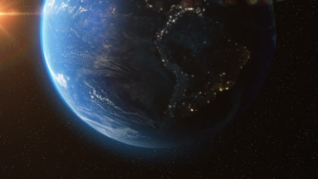 Tierra-desde-el-espacio-con-la-luz-del-sol-estrellas-día-Night---animación-3D-4K
