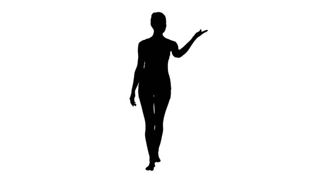 Silhouette-Young-blonde-woman-walking-and-pointing-to-side-showing-on-something