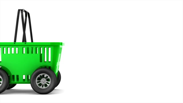 Green-empty-shopping-basket-with-wheels-on-white-background.-Isolated-3d-render