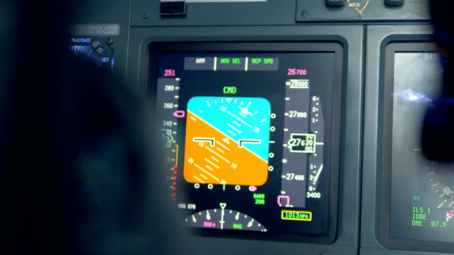 One-monitor-on-a-plane's-dashboard,-close-up.