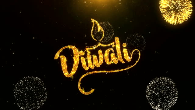 Happy-Diwali-Grußkarten-Text-zeigen-aus-goldenen-Feuerwerk-&-Cracker-auf-Glitter-glänzend-Magic-Partikel-Funken-Night-für-Wünsche,-Veranstaltungen,-Nachricht,-Urlaub,-Feier,-festival