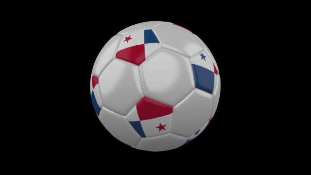 Balón-de-fútbol-con-los-colores-de-la-bandera-de-Panamá-gira-sobre-fondo-transparente,-render-3d,-prores-4444-con-canal-alfa,-lazo