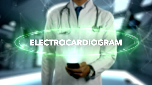 ELEKTROKARDIOGRAMM---männlich-Arzt-mit-Handy-öffnet-und-Hologramm-Behandlung-Wort-berührt