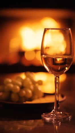 Video-vertical-de-una-copas-de-vino-blanco-sobre-fondo-de-chimenea.