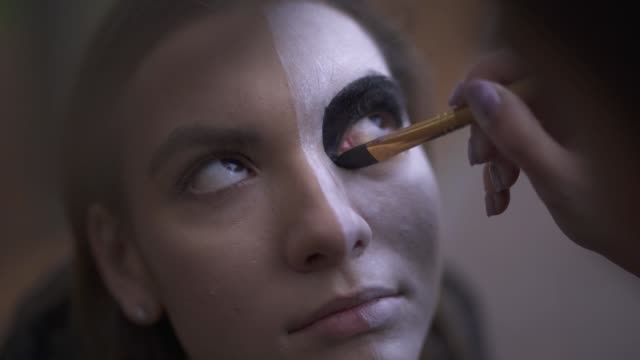 Make-up-Künstler-tun-Halloween-Make-up-auf-das-Gesicht-eines-schönen-Mädchenmit-Pinsel-Nahaufnahme.