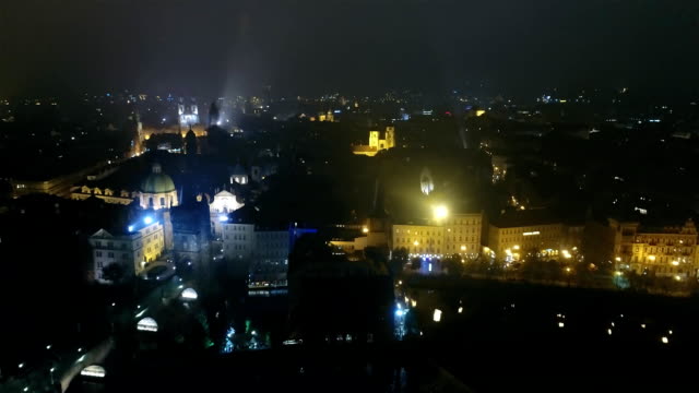 Night-panorama-of-Prague,-panoramic-view-from-the-air-to-the-old-town,-lights-of-the-night-city,-Prague