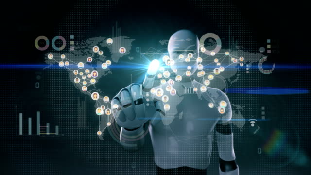 Robot,-cyborg-touching-connected-world-people,-using-communication-technology-4K-size.-with-economic-diagram,chart.-social-media.1.