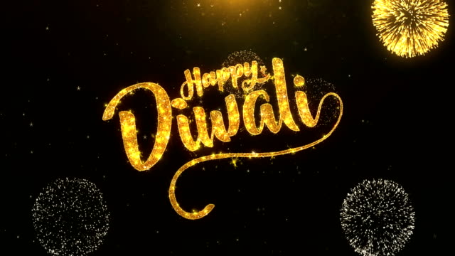 Texto-de-tarjeta-de-felicitación-de-Diwali-feliz-revelan-de-fuegos-artificiales-y-galletas-oro-brillo-brillante-magia-partículas-chispas-noche-de-celebración,-deseos,-eventos,-mensaje,-vacaciones,-fiesta,