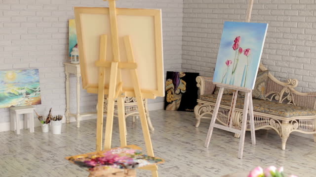 Studio-with-pictures-and-easels.-Art.-Background.