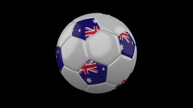 Balón-de-fútbol-con-los-colores-de-la-bandera-de-Australia-gira-sobre-fondo-transparente,-render-3d,-prores-4444-con-canal-alfa,-lazo