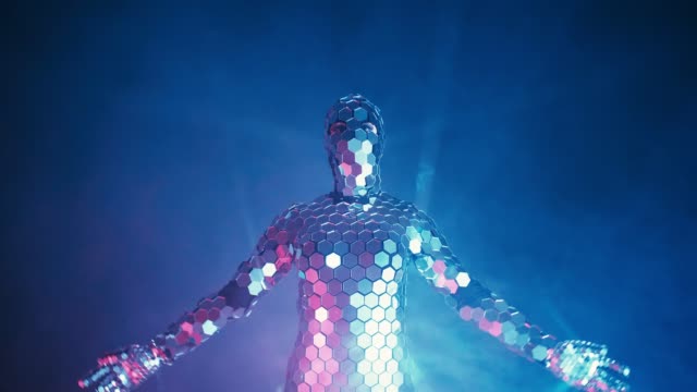 Someone-making-yoga-fitness-exercise-in-futuristic-mirror-suit-under-neon-lights.-Future-concept.-Authentic-shot