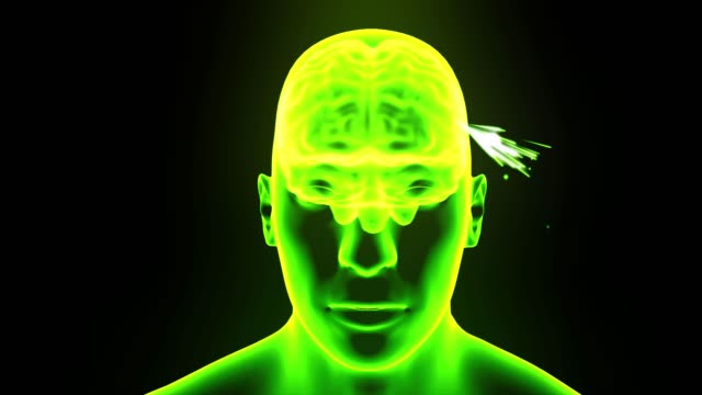 Cerebro-del-holograma-gira-chispas-lazo-de-neurona-de-dolor-de-cabeza-relámpagos-electricidad-4k