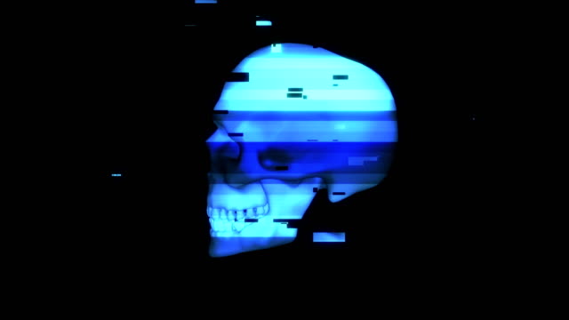 Human-rotating-skull-in-distorted-glitch-style-on-black-background.