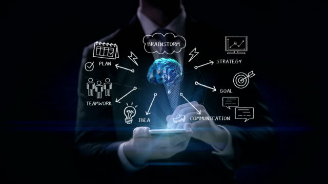 Businessman-click-mobile,-Brainstorming-to-digital-brain-concept.artificial-intelligence.-4K-movie.
