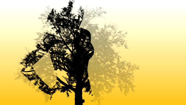 Mischtechnik-von-zwei-3d-Animation-vom-Baum-und-Silhouette-eines-Mädchens
