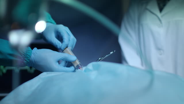 Surgeon-hands-pouring-blood-in-syringe-at-surgical-procedure.-Medical-operation