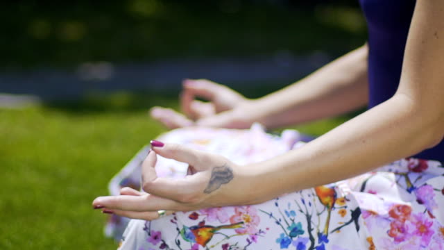 Classic-meditation-pose,-gyan-mudra-wisdom-hand-gesture-to-meditate,-woman-park