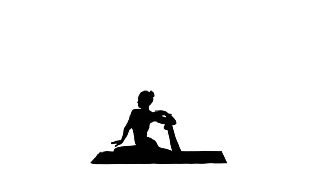 Silhouette-schöne-junge-Frau-trägt-rote-Sportbekleidung-Yoga-oder-Pilates-Übung-zu-tun.-Ein-vierbeiniger-King-Pigeon-pose,-Eka-Pada-Rajakapotasana