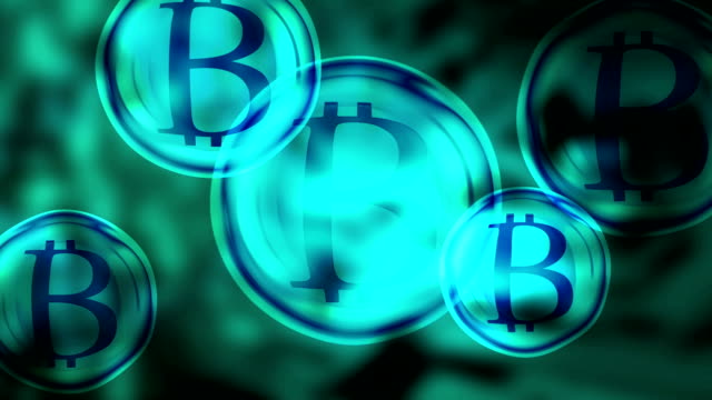 Concept-of-digital-currency.-Bitcoin-sign-bubbles-on-a-blured-circuit-board-background-burst.
