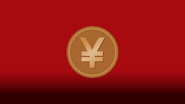 Japanese-currency-yen-smybole-presented-on-gold-goin,-animation-with-zoom,-rotation-and-mirroring,-isolated-object-on-dark-red-background