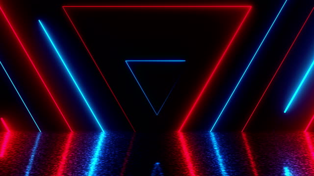 Abstract-triangles-neon-tunnel-with-reflection,-computer-generated-background