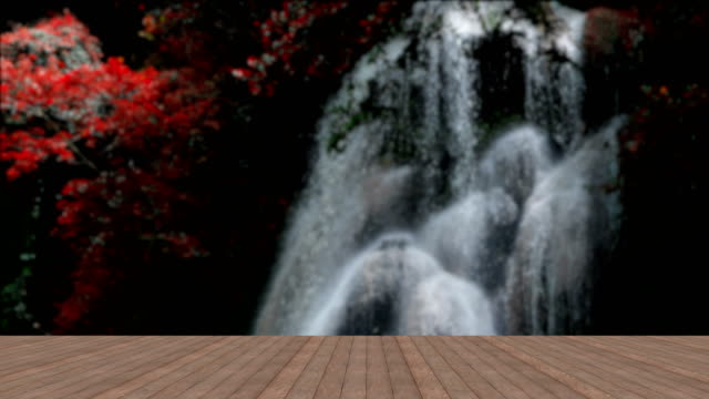 Wooden-floor-on-background-waterfall-slow-motion