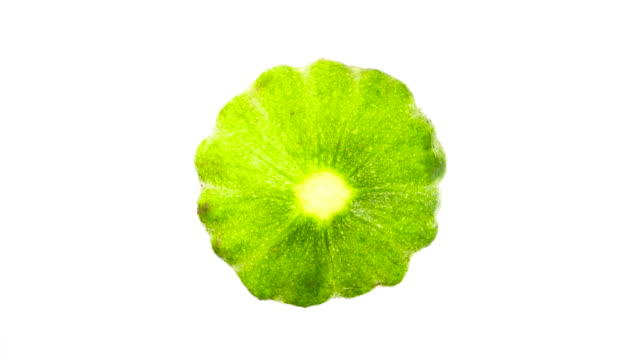 One-green-patty-pan-summer-squash-rotating.-Isolated-on-the-white-background.-Close-up.-Macro.