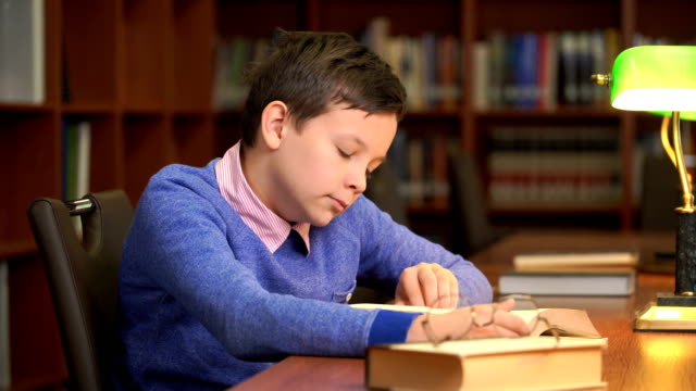 portrait-of-schoolboy-doing-their-homework-in-library-or-room.