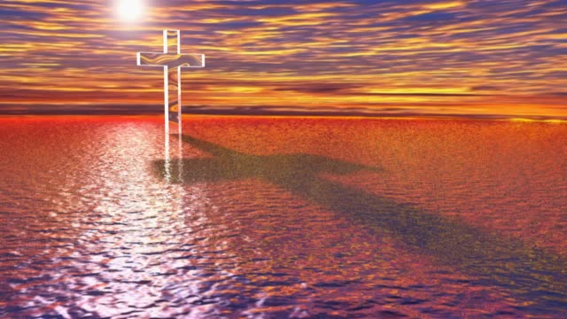 Glass-transparent-cross-in-backlight-on-the-sea-in-a-mystical,-mysterious-view---3D-rendering-video