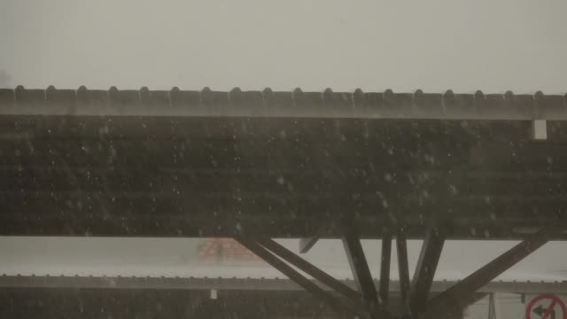 Heavy-rainstorm-and-strong-wind-shooted-from-roofed-car-park,hd-slow-motion.