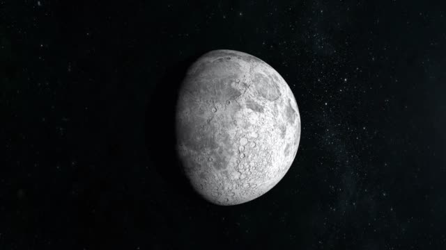 Moon.-The-most-part-is-illuminated-by-the-sun.-The-moon-is-motionless-and-slowly-approaching.-View-from-space.-Stars-twinkle.-4K.