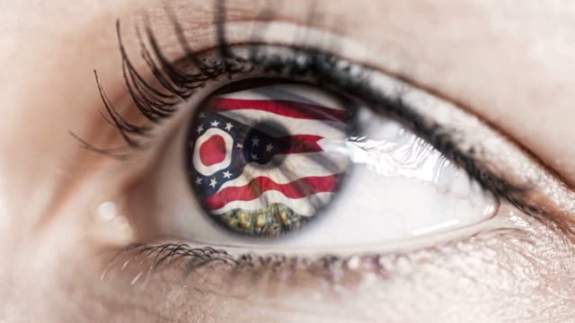Mujer-ojo-verde-en-primer-plano-con-la-bandera-del-estado-de-Ohio-en-iris,-estados-unidos-de-América-con-movimiento-de-viento.-concepto-de-vídeo