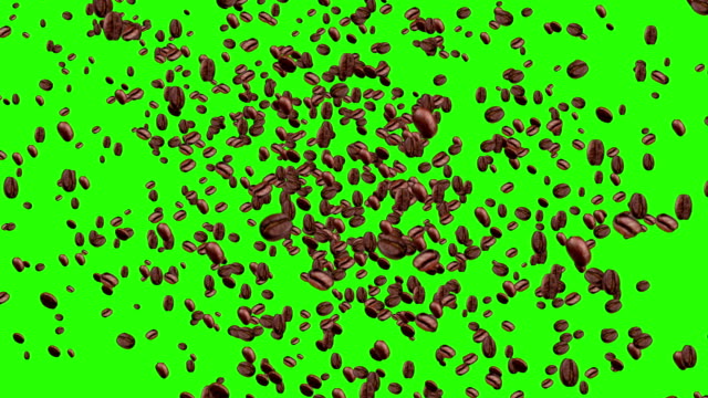 Kaffeebohnen-im-Strudel-auf-green-Screen-Chroma-Key-Hintergrund-mit-ausblenden,-nahtlos,-Ernährungskonzept-Schleife-fliegen