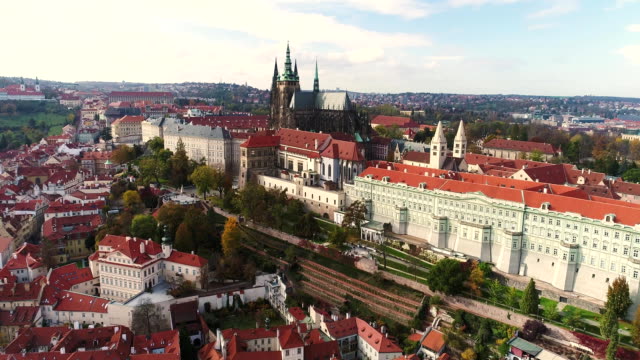 Panorama-of-Prague,-aerial-of-the-city,-view-from-above-on-the-cityscape-of-Prague,-flight-over-the-city,-Area-Old-Town,-Prague-Castle-and-Vltava-River,-Czech-Republic,-Prague