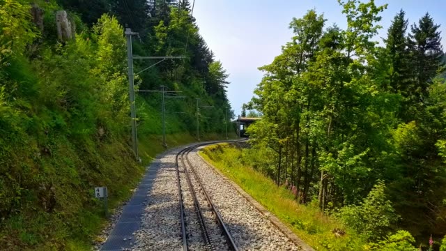 El-ferrocarril-de-cremallera-del-montar-a-caballo-a-Rochers-de-Naye,-Suiza