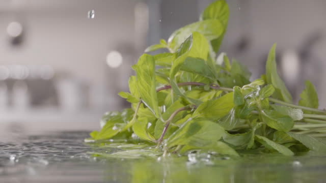 Falling-of-mint-into-the-wet-table.-Slow-motion-240-fps