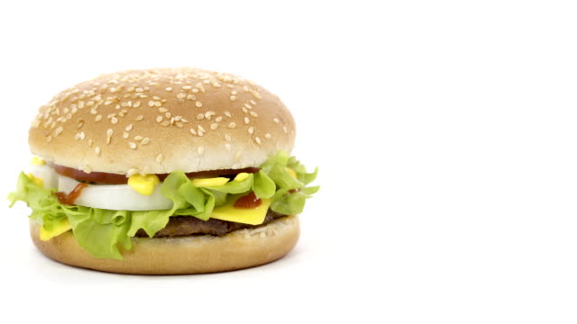 Rotation.-Appetitliche-Burger-auf-weißem-Hintergrund