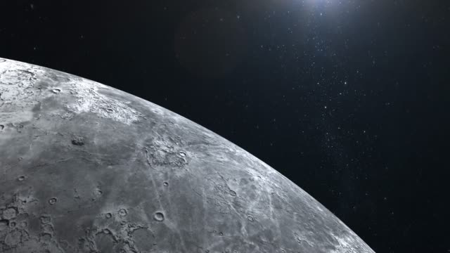Moon.-Flying-over-the-Moon-surface.-The-horizon-is-turned-to-the-left.-View-from-space.-Stars-twinkle.-4K.-Sun-on-the-right
