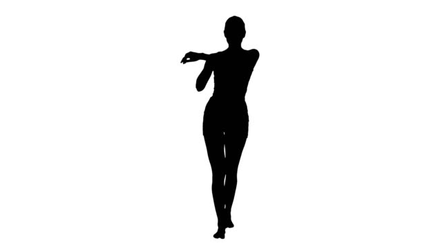 Silhouette-Contented-happy-young-woman-stretching-her-arms-while-walking