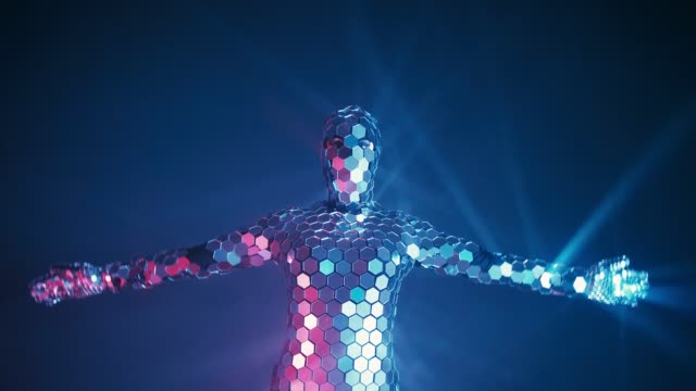 Someone-making-yoga-fitness-exercise-in-futuristic-mirror-suit-under-neon-lights.-Future-concept.-Authentic-shot